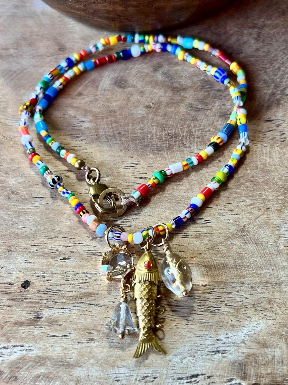 Bohojo Soup of beads and brass fish and crystal 19”